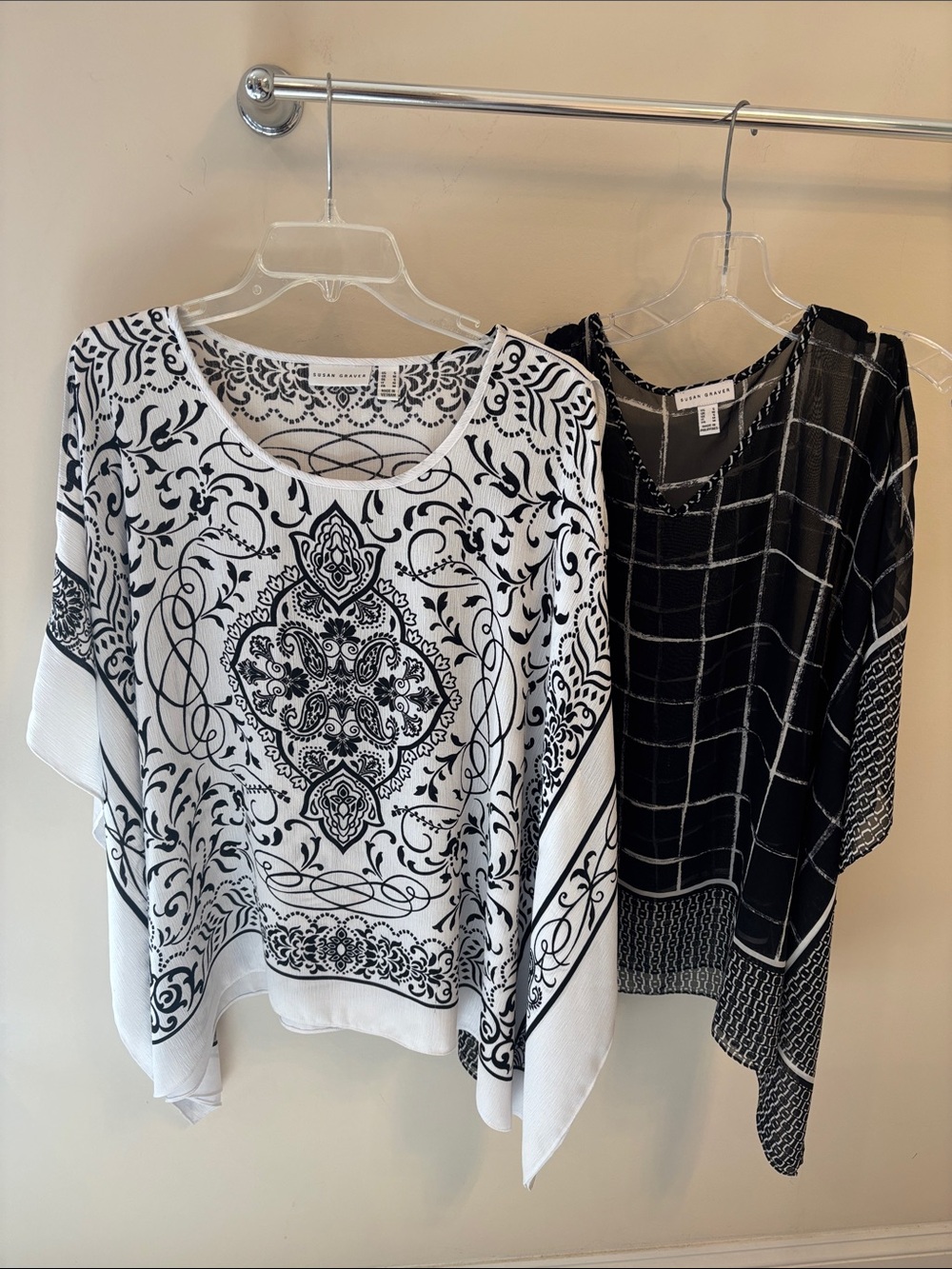 Susan Graver Cold Shoulder Black and White Printed Poncho Duo